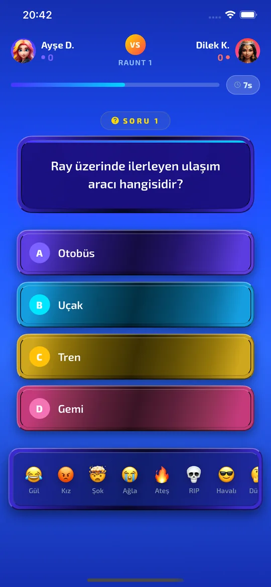 Bloopi soru ekranı: iki oyuncu arasında süreli çoktan seçmeli soru