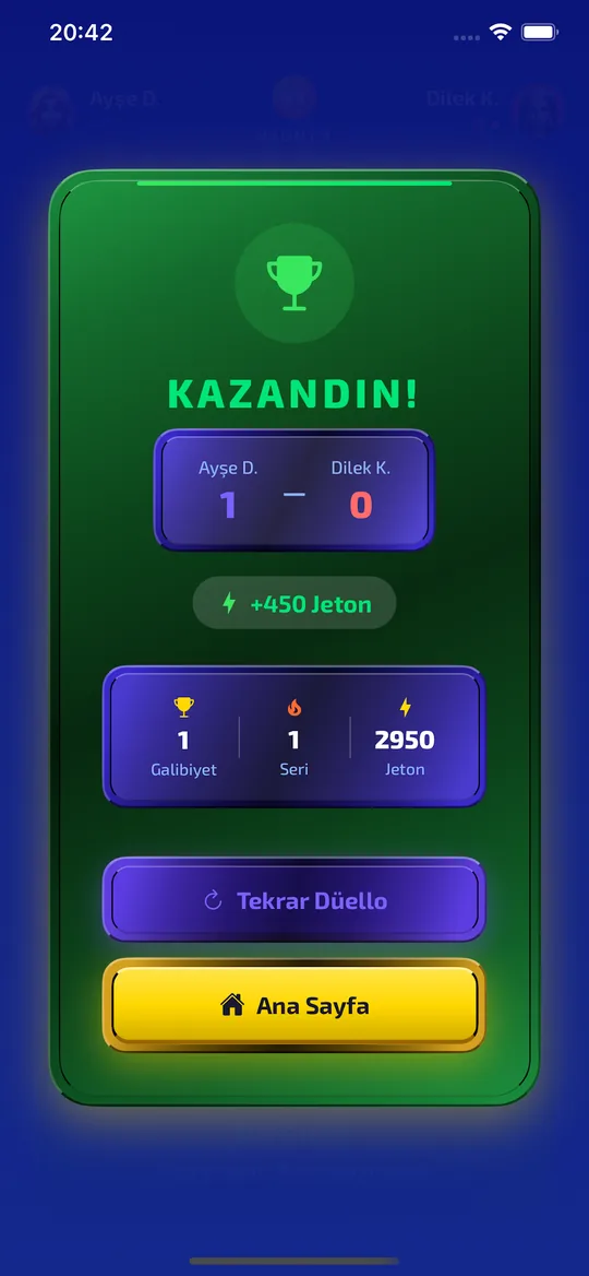 Bloopi sonuç ekranı: kazanılan jeton ve seri bilgisi