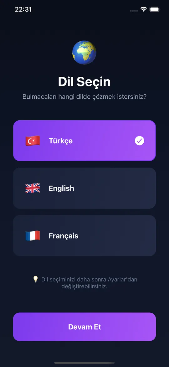 Çengel Bulmaca dil seçimi ekranı: Türkçe, İngilizce ve Fransızca