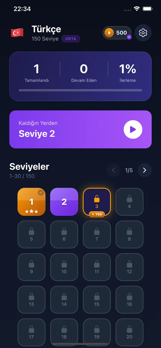 Çengel Bulmaca seviye haritası ve ilerleme durumu
