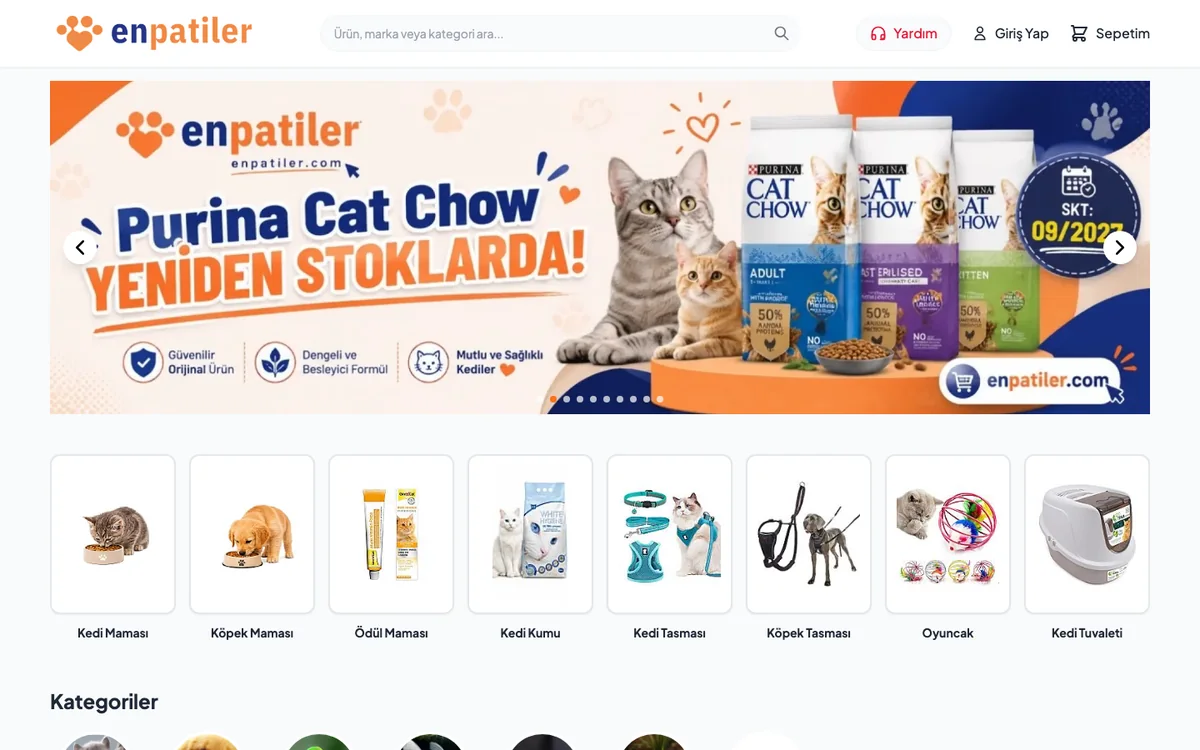 EnPatiler e-ticaret sitesinin ana sayfası: arama, kampanya alanı ve ürün kategorileri