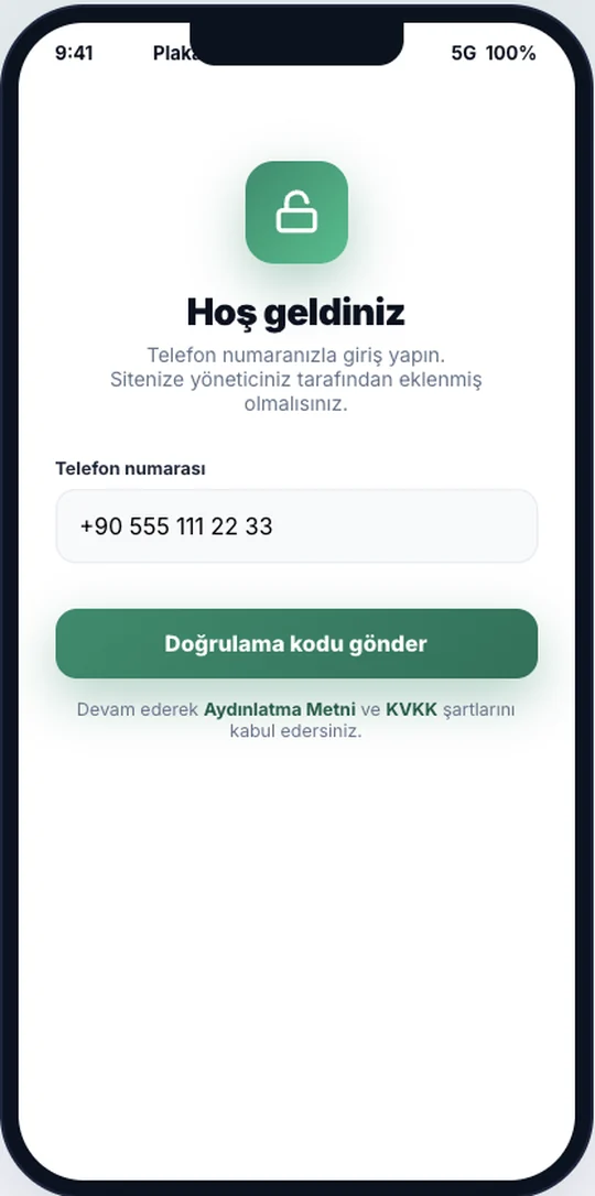 PlakaKapı sakin uygulaması giriş ekranı: telefon numarası ile doğrulama kodu