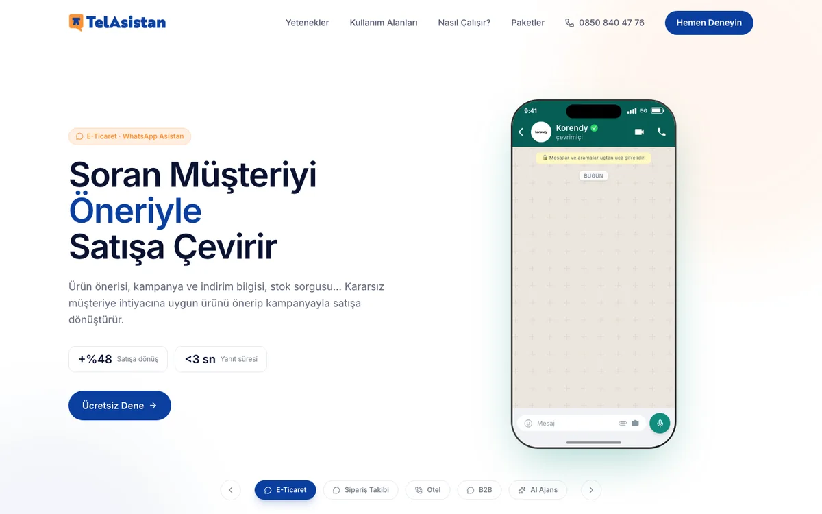 Tel Asistan web sitesi: WhatsApp üzerinden müşteriye ürün öneren yapay zekâ asistanı